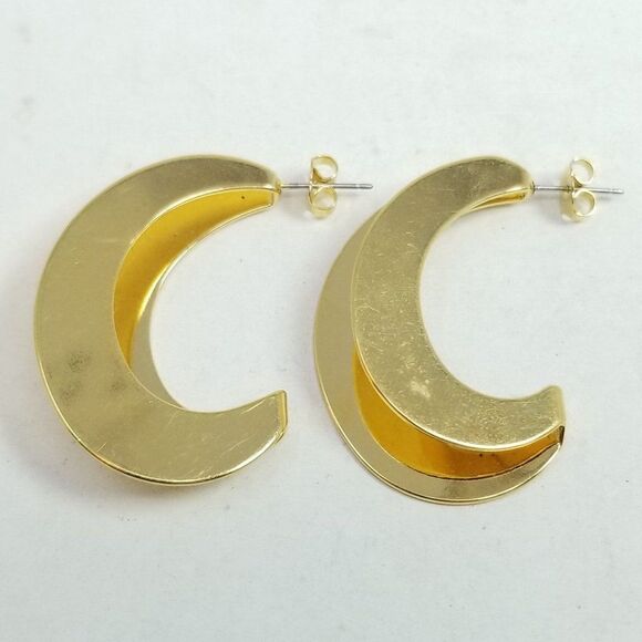 Vintage Gold Tone C Shape Hoop Earrings, Folded Over, Retro 80s 90s Estate - Picture 5 of 5